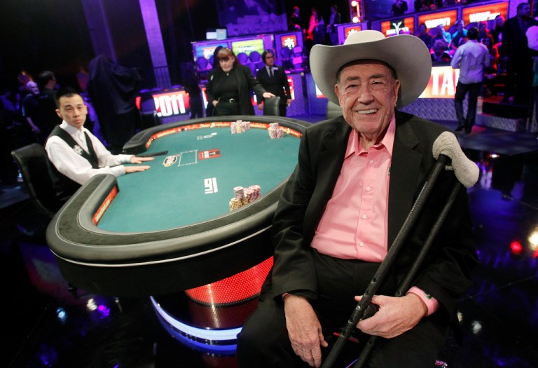 Doyle Brunson is pictured prior to play at the final table of the World Series of Poker on Nov. 8, 2011, in Las Vegas. Brunson, one of the most influential poker players of all time and a two-time world champion, died Sunday, May 14, 2023, according to his agent. He was 89. (AP Photo/Isaac Brekken, File)