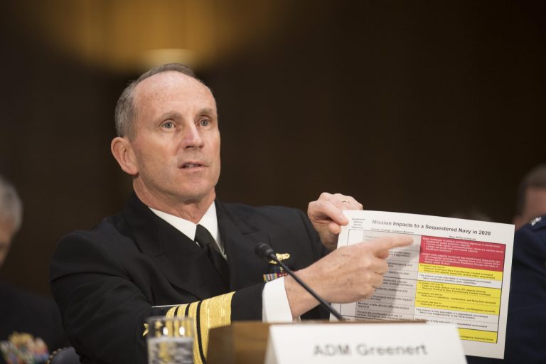 Chief of Naval Operations Adm. Jonathan Greenert testifies on Capitol Hill in Washington, Wednesday, Jan. 28, 2015, before the Senate Armed Services Committee. (AP Photo/Kevin Wolf)
