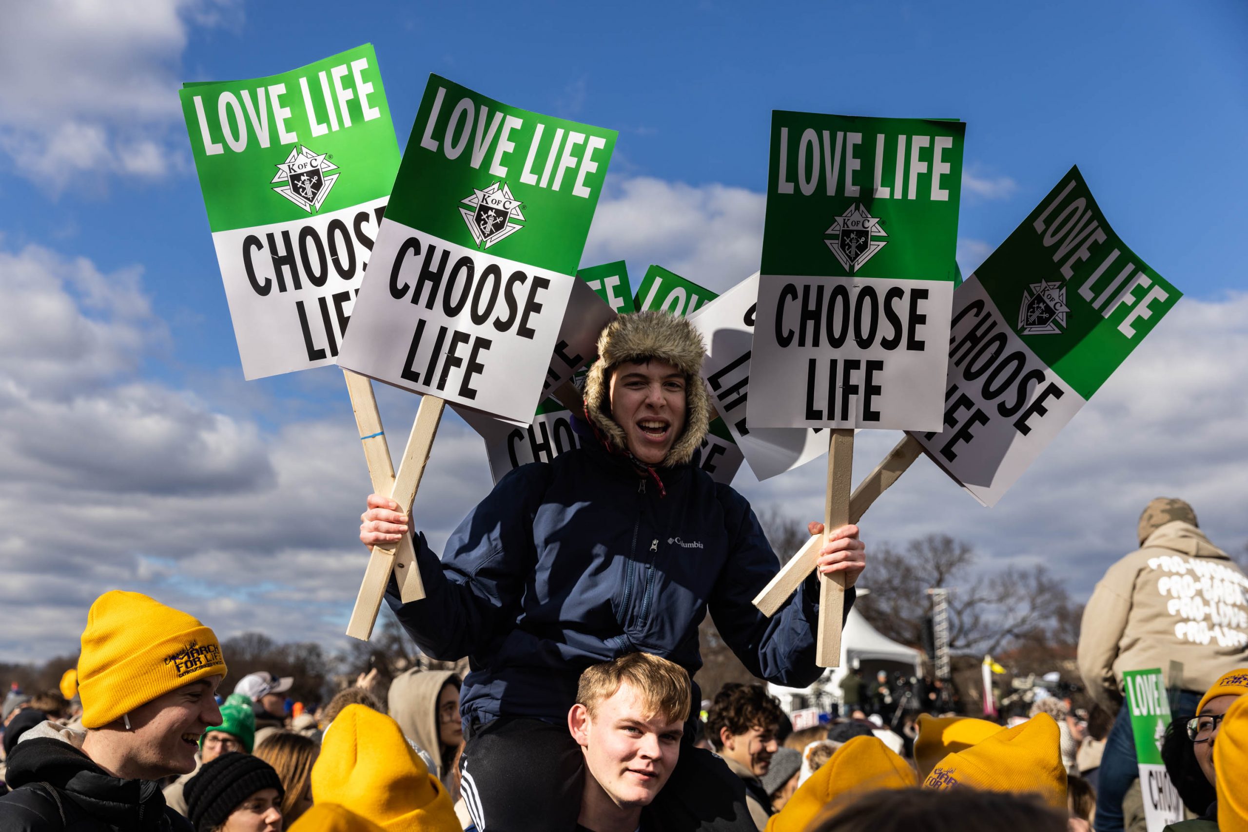People attend the 50th annual March for Life rally on the National Mall on January 20, 2023 in Washington, DC. Anti-abortion activists attended the annual march to mark the first to occur in a "post-Roe nation" since the Supreme Court's Dobbs vs Jackson Women's Health ruling which overturned nearly 50 years of federal protections for abortion access.