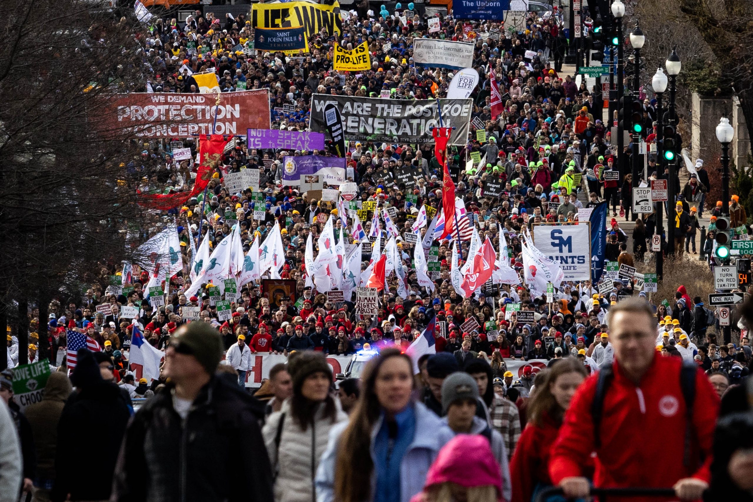 People attend the 50th annual March for Life rally on the National Mall on January 20, 2023 in Washington, DC. Anti-abortion activists attended the annual march to mark the first to occur in a "post-Roe nation" since the Supreme Court's Dobbs vs Jackson Women's Health ruling which overturned nearly 50 years of federal protections for abortion access.