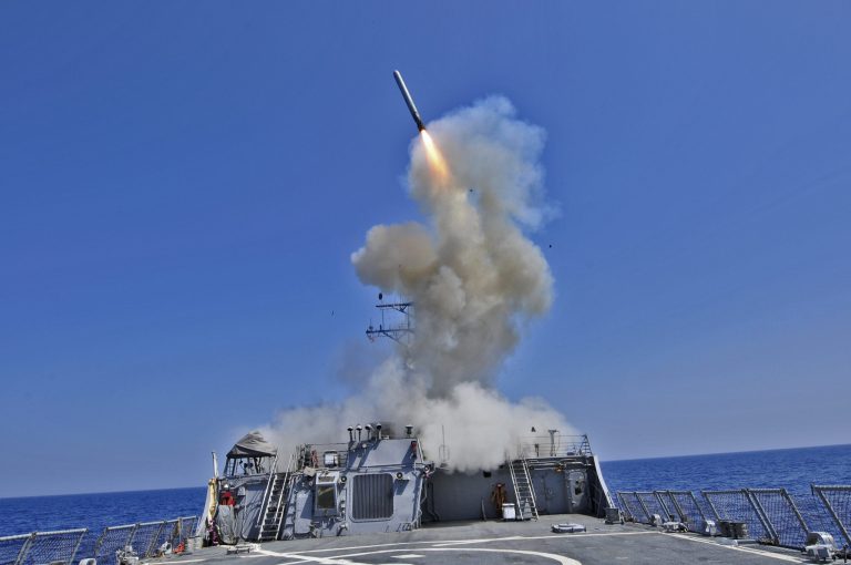 The guided-missile destroyer USS Barry launches a Tomahawk cruise missile from their location in the Mediterranean Sea to support U.S. military forces assisting the international response to the unrest in Libya. (AP Photo/U.S. Navy, MC3 Jonathan Sunderman)