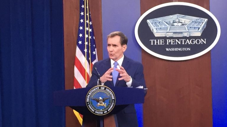 Pentagon spokesman and retired Rear Adm. John Kirby briefs members of the media for the first time under the Biden administration Jan. 29, 2021.