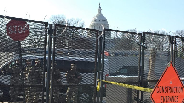 National Guard members protect an entrance to the U.S. Capitol at Louisiana and D streets Thursday, March 4, 2021, a day when law enforcement warned of potential unrest and a militia plot to breach the Capitol grounds.