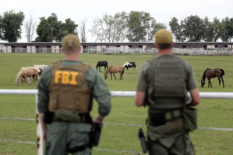   FILE - In this Tuesday, June 12, 2012 file photo, FBI agents overlook a horse ranch under investigation in Lexington, Okla. Federal agents raided the Oklahoma ranch and a prominent quarter horse track in New Mexico on Tuesday, alleging the brother of a high-ranking official in a Mexican drug cartel used a horse-breeding operation to launder money. Unlike most drug busts, the backbone of sophisticated money laundering cases is a complicated trail of paper _ reams of bank, tax and property records _ that usually take years to track. But hitting organized crime where it hurts the most _ the money flow _ is the most effective way to shut the crime networks down, investigators say. (AP Photo/Brett Deering, File)  