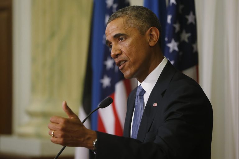 U.S. President Barack Obama speaks during a news conference with Estonian President Toomas Hendrik Ilves at the Bank of Estonia in Tallinn, Estonia, Wednesday, Sept. 3, 2014. Obama is in Estonia for a one day visit where he will meet with Baltic State leaders before heading to the NATO Summit in Wales. (AP Photo/Charles Dharapak)
