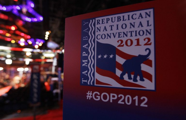 A convention sign is seen on th floor of the Republican National Convention inside of the Tampa Bay Forum in Tampa, Fla., on Sunday, Aug. 26, 2012. (AP Photo/Charlie Neibergall)