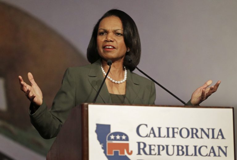 Former Secretary of State Condoleezza Rice gestures while speaking before the California Republican Party 2014 Spring Convention on March 15 in Burlingame, Calif. (AP Photo/Ben Margot)