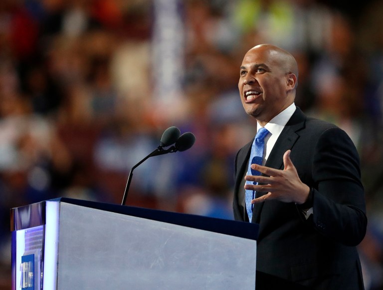 The New Jersey lawmaker told the audience to refer back to the end of the Declaration of Independence. (AP Photo/Paul Sancya)