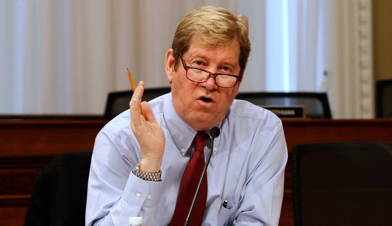Rep. Jason Lewis, R-Minn., was admitted to the hospital after the train carrying Republicans to the retreat struck a dump truck that was stuck on the tracks. Lewis struck his head when the train hit the truck. (AP Photo/Jacquelyn Martin)