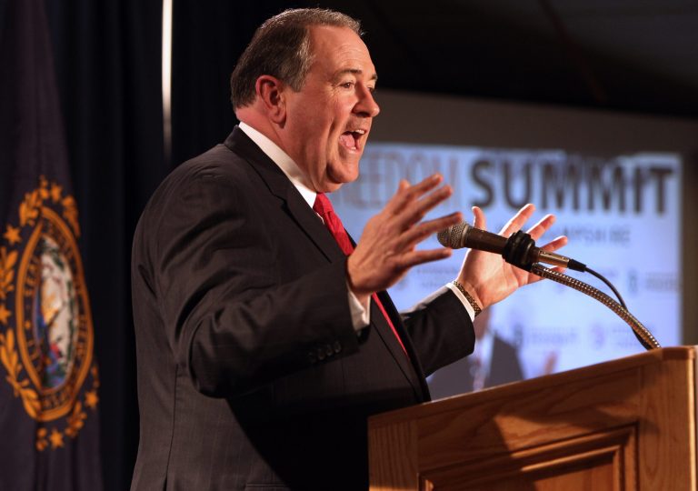 One conservative group is wasting no time airing its grievances against Mike Huckabee, after Huckabee announced on his Fox News show Saturday that he is weighing a bid for president. (AP Photo/Jim Cole)