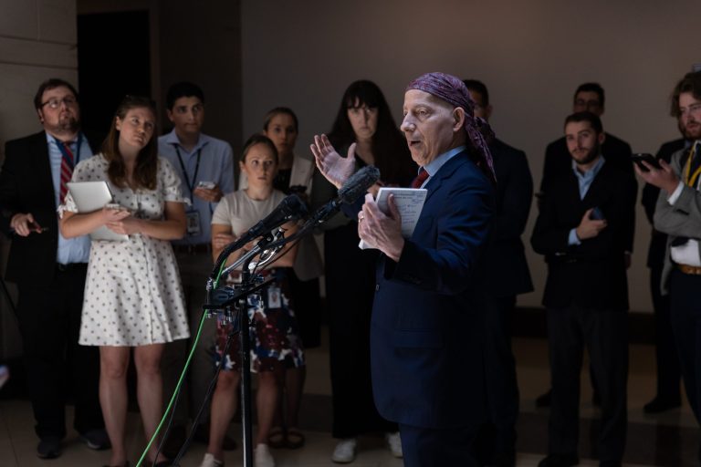 Rep. Jamie Raskin (D-MD) holds a news conference after a meeting at the Capitol Visitor Center Sensitive Compartmented Information Facility