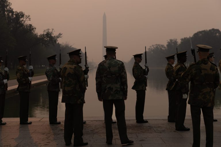 U.S. Marine Corps Color Guard rehearses at the Lincoln Memorial, Thursday, June 8, 2023, in Washington amid smoke resulting from forest fires in Canada. The Air Quality Index reached Code Purple Wednesday morning as smoke continues to move south over the east coast of the United States.