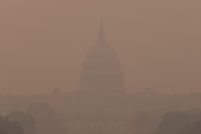 Smoke from wildfires in Canada enshrouds the U.S. Capitol, on Wednesday, June 8, 2023. The Air Quality Index reached Code Purple Wednesday morning as smoke continues to move south over the east coast of the United States.