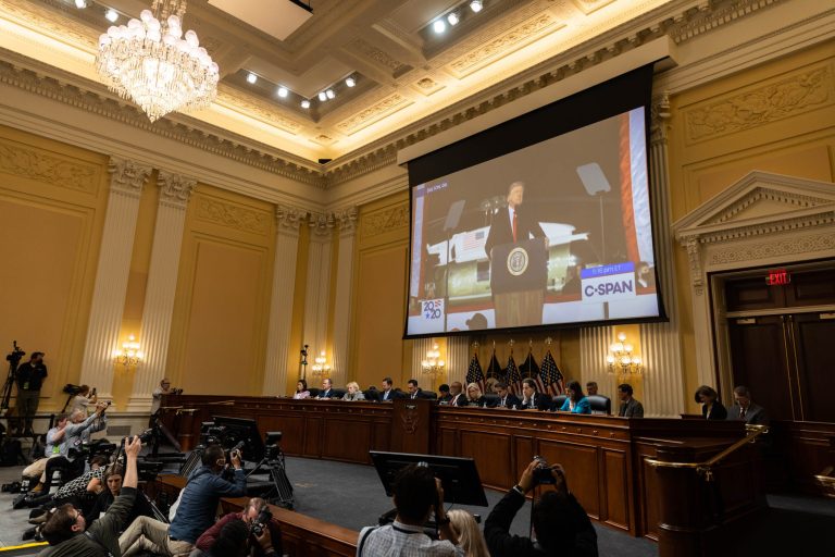 A video of former President Donald Trump is seen at a Jan. 6 committee hearing on Thursday in Washington.