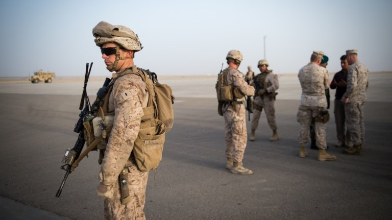 U.S. Marine Corps Gen. Joseph F. Dunford, Jr., former chairman of the Joint Chiefs of Staff, meets Afghan Gen. Wali Ahmadzia, 215th Afghan National Army Maiwand Corps Commander, after visiting Train, Advise, Assist Command -Southwest (TAAC-SW) in Helmand province, Afghanistan, 28 June, 2017.