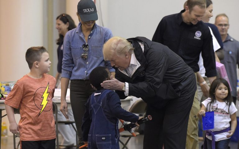 President Trump greeted and fed people affected by Hurricane Harvey in Houston, Texas on Saturday. (AP Photo/Susan Walsh)