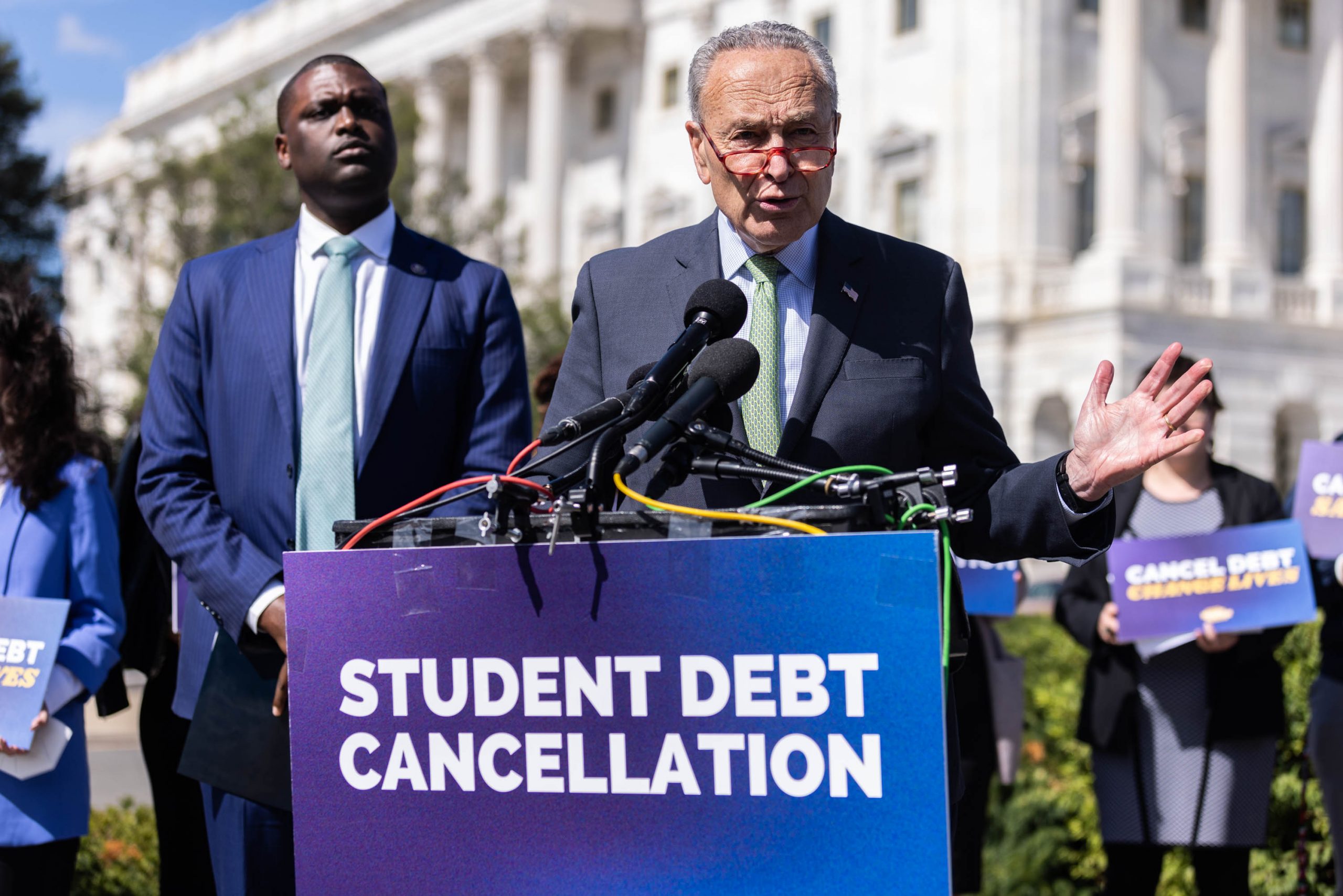 Senate Majority Leader Chuck Schumer, D-NY, speaks at a news conference to discuss student debt cancellation on Capitol Hill, Sept. 29, 2022. Lawmakers called for the swift and equitable implementation of U.S. President Joe Biden's student debt relief plan.