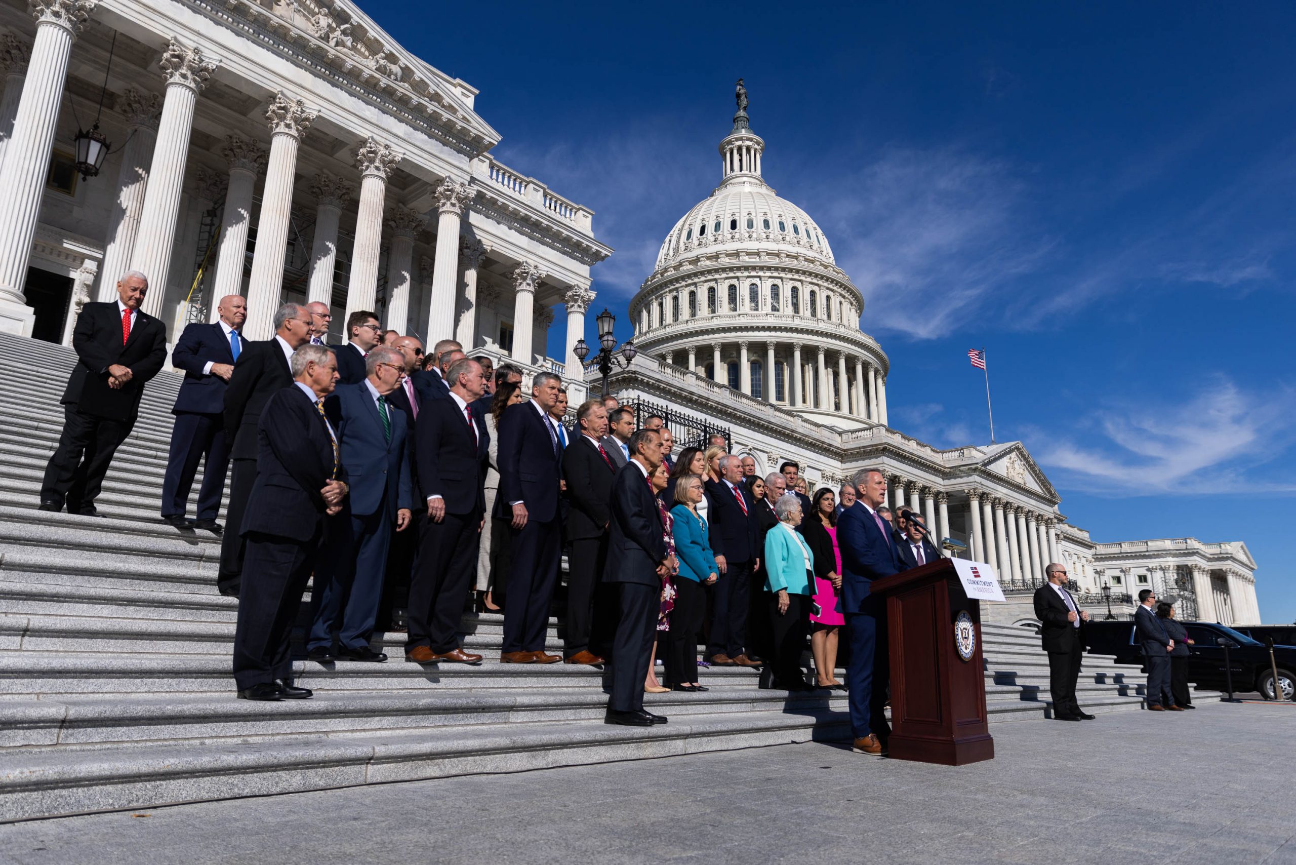 House Republicans gather for a news conference on the Capitol steps to talk about their "Commitment to America" plan in Washington, D.C., Thursday, Sept. 29, 2022.