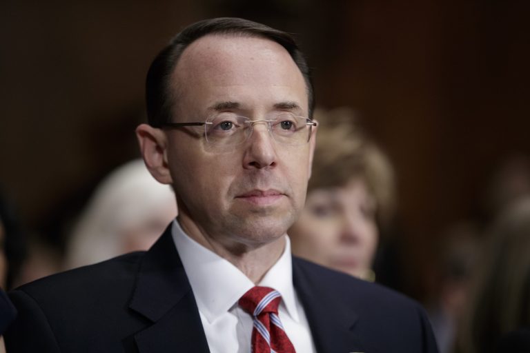 The Senate confirmed Rod J. Rosenstein Tuesday evening to be the second-highest official at the Justice Department, giving Attorney General Jeff Sessions his first high-level counterpart since he was sworn in early February. (AP Photo/J. Scott Applewhite)