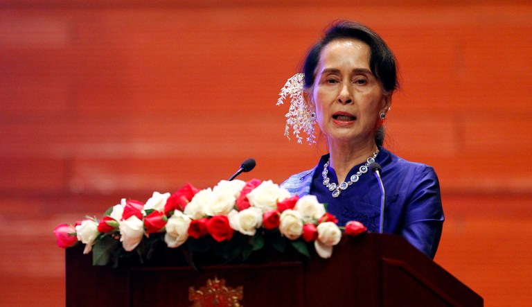 The U.S. Holocaust Memorial Museum revoked Myanmar leader Aung San Suu Kyi's human rights award. The museum said the political party Aung San Suu Kyi leads blocked journalists, refused to cooperate with United Nations investigators and promoted hateful rhetoric against the Rohingya Muslim community. (AP Photo/Aung Shine Oo)