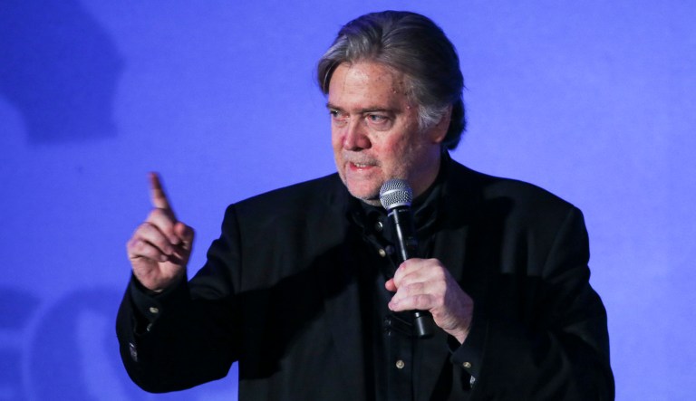 Steve Bannon, former strategist for President Donald Trump, speaks at at the California Republican Convention in Anaheim, Calf., on Friday Oct. 20, 2017. (AP Photo/Ringo H.W. Chiu)