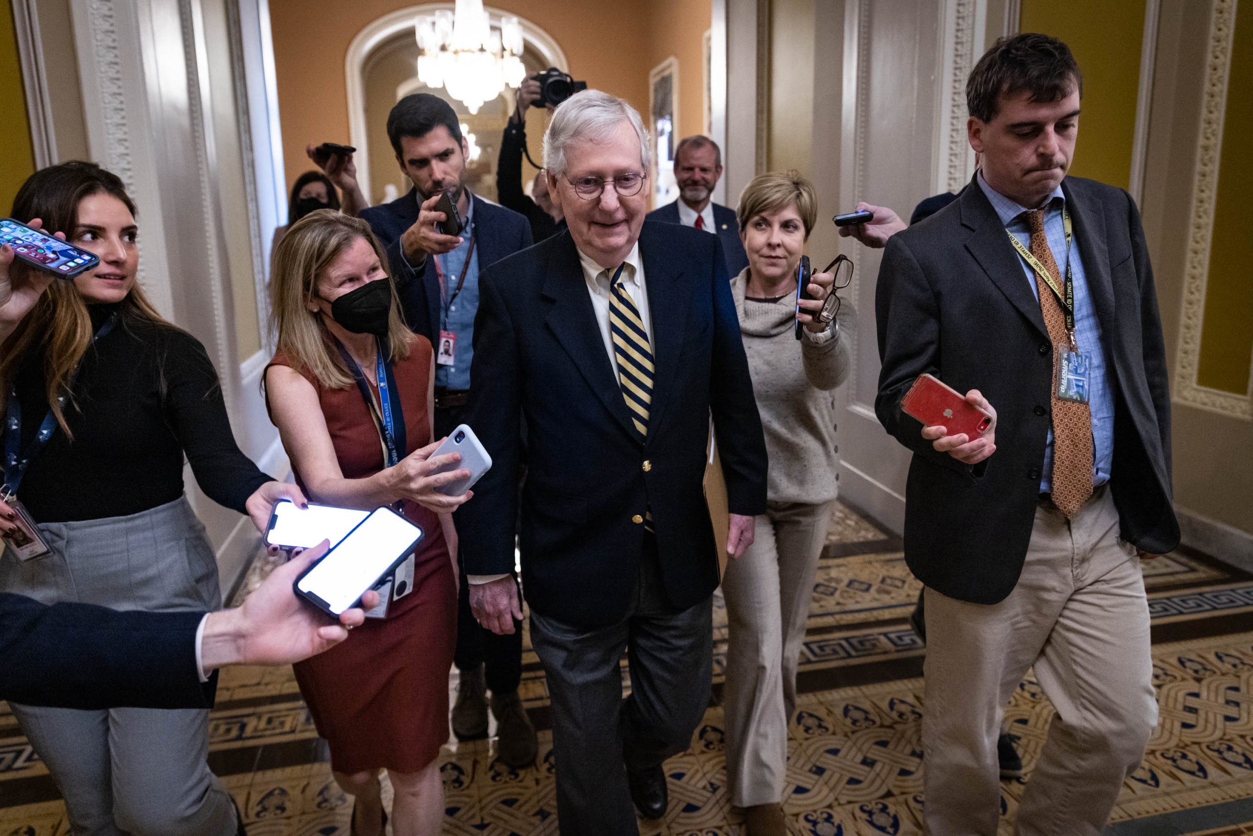 Senate Minority Leader Mitch McConnell takes questions from reporters on the first day the Senate convened after the midterm elections. McConnell was reelected as Republican leader, quashing a challenge from Sen. Rick Scott, R-FL, in the Senate Republican leadership elections on Capitol Hill Wednesday, Novembner 16, 2022.