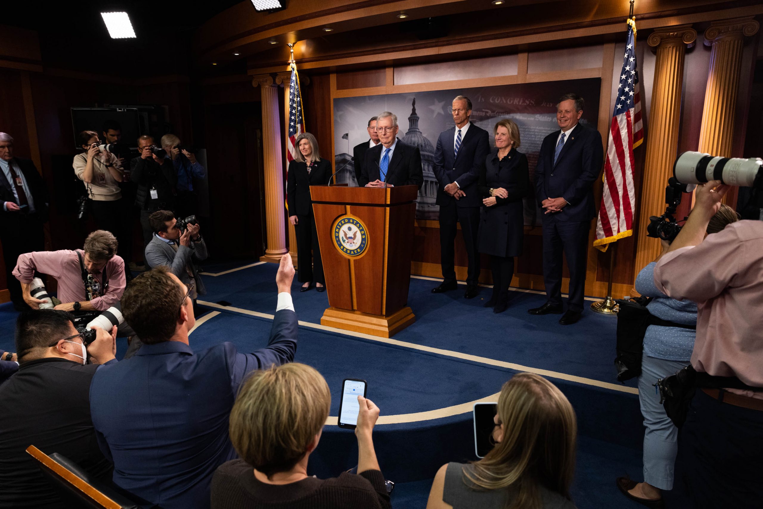 Senate Minority Leader Mitch McConnell, R-KY, meets with reporters after being re-elected to his longtime role as Senate Republican leader and fending off a challenge by Senator Rick Scott, R-FL, an ally of former President Donald Trump, on Capitol Hill, Wednesday, November 16, 2022.