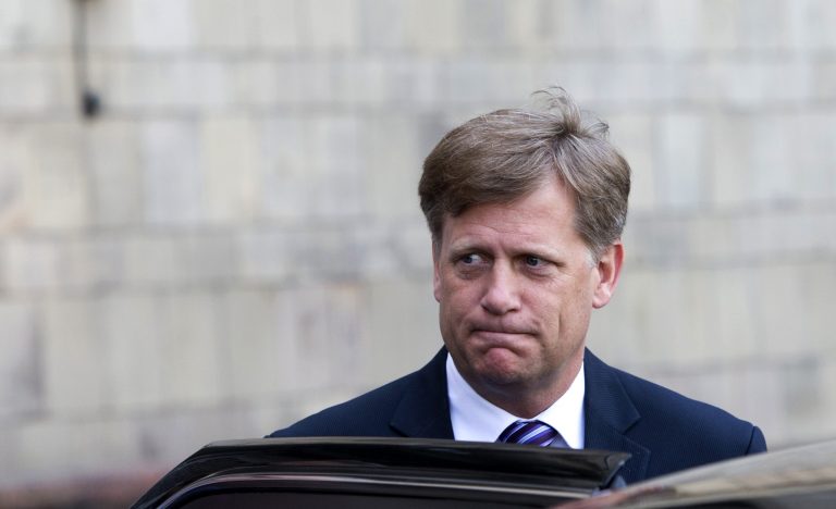 FILE - In this Wednesday, May 15, 2013 file photo the U.S. Ambassador to Russia Michael McFaul leaves the Foreign Ministry in Moscow, Russia. The U.S. ambassador to Russia has announced that he is stepping down after two turbulent years in Moscow. Michael McFaul is considered the architect of President Barack Obama's effort to reset relations with Russia. (AP Photo/Misha Japaridze, File)