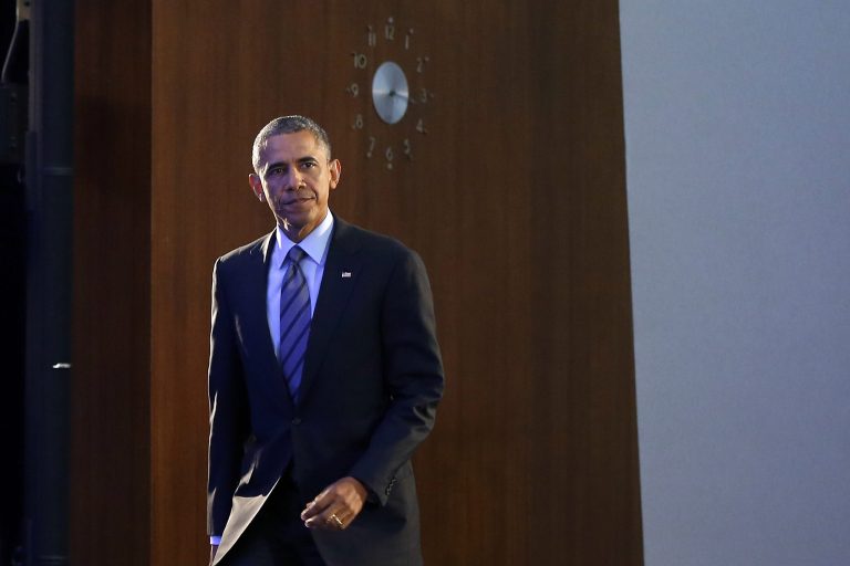 President Obama made an unscheduled stop State Department Thursday evening for a private victory reception on the Iran deal held by Secretary of State John Kerry for all the agency staff involved in the negotiations. (AP Photo)