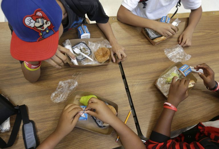   FILE - In this Sept. 4, 2013, file photo, students at the Maurice J. Tobin K-8 School in Boston's Roxbury neighborhood eat free lunches consisting of a sandwich with meat, a vegetable dish, a piece of fruit, and milk. The Agriculture Department says that around half a percent of schools _ or 524 schools out of around 100,000 _ have dropped out of the federally-subsidized national school lunch program since the government put new standards for healthier foods in place last year. (AP Photo/Steven Senne, File)  