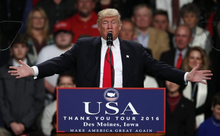President-elect Donald Trump speaks to supporters during a rally, Thursday, Dec. 8, 2016, in Des Moines, Iowa. (AP Photo/Charlie Neibergall)