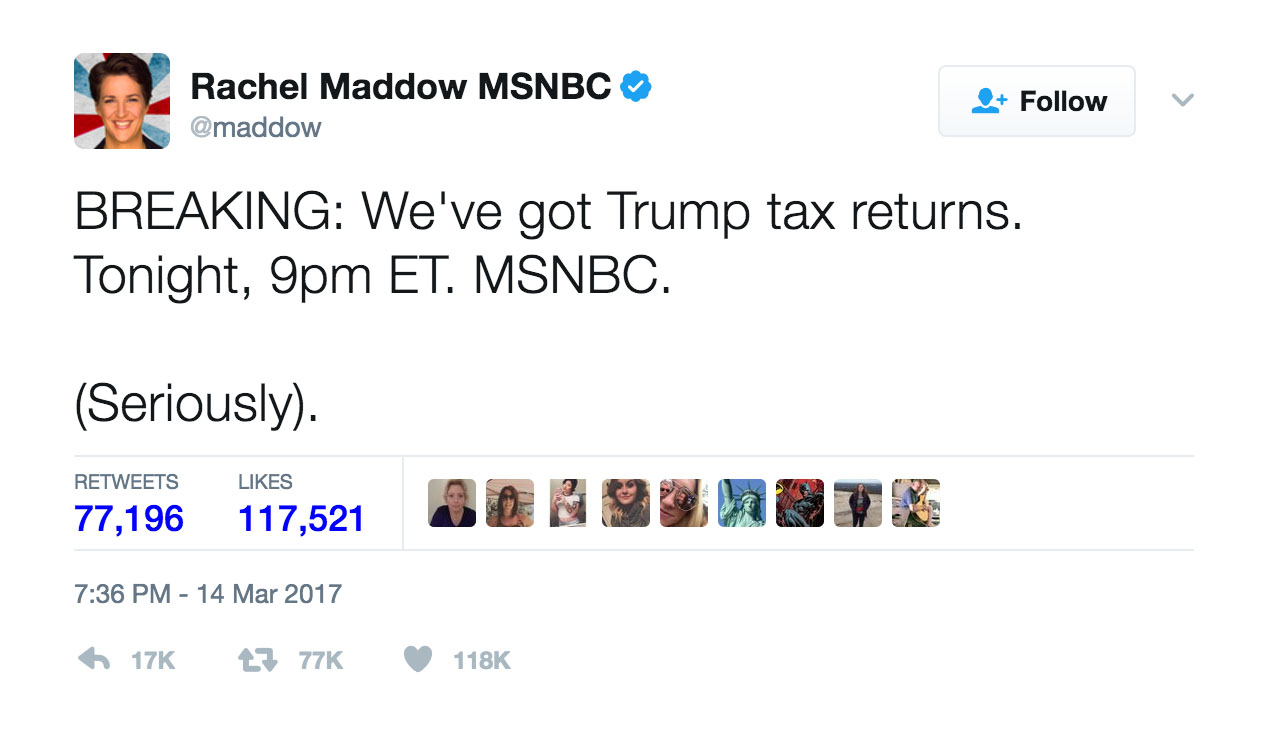 Twitter goes mad over Maddow windup to release of Trump tax return