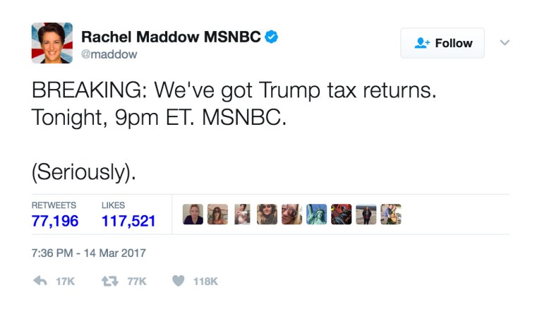 Rachel Maddow promised to reveal Trump's tax returns on Tuesday. (Screengrab)