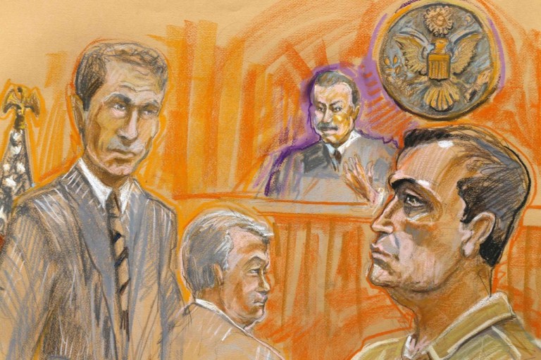 Krentz Johnson/Reuters -  Defense contractor Leonard Francis, right, shown in this courtroom sketch with his attorney Patrick Swan, Judge David Bartick and prosecutor Robert Huie, left, during his appearance in federal court in San Diego on Nov. 21.

