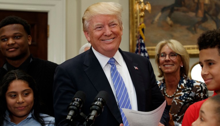 President Trump requested $168 million in additional spending for charter schools and $250 million for a private school choice program in his administration's budget proposal last March, in addition to calling for an unprecedented investment in school choice initiatives. (AP Photo/Evan Vucci)