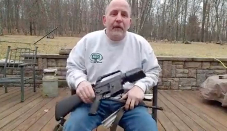 Scott Pappalardo filmed himself sawing his AR-15 in half, unintentionally creating a weapon that is less safe than the original gun. (Image courtesy screenshot)