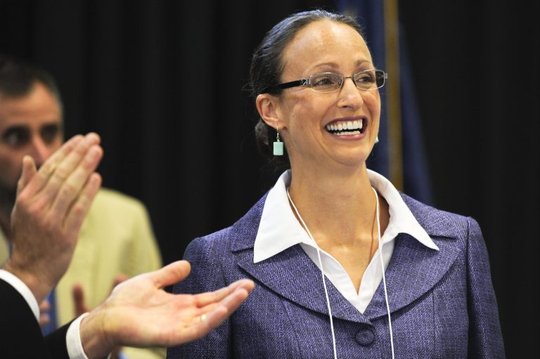 Amanda Curtis, a state legislator from Butte, Mont. smiles after being selected as the replacement candidate in the U.S. Senate race against Republican Rep. Steve Daines, in Helena, Mont. on Saturday, Aug. 16, 2014. (AP Photo/Independent Record, Thom Bridge)