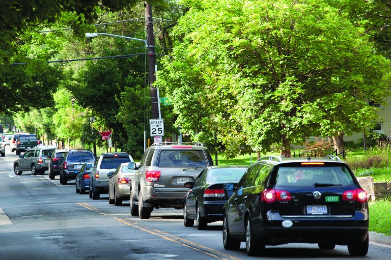 Morning traffic moves slowly along 37th Street NW in the District. A major streetscaping project on Wisconsin Avenue is causing more drivers to clog up nearby neighborhood streets. (Graeme Jennings/Examiner photo)