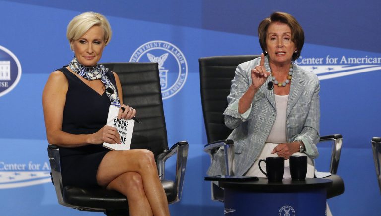 Mika Brzezinski of MSNBC, left, said Democrats like House Democratic Leader Nancy Pelosi are in big trouble if Donald Trump wins the GOP nomination next year. (AP Photo/Charles Dharapak)