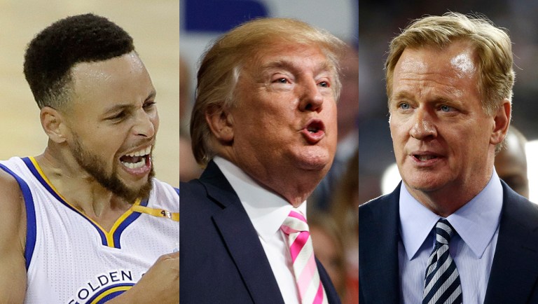 President Trump has gone on the attack against both the Warriors' Stephen Curry and NFL Commissioner Roger Goodell in the last 24 hours. (AP Photos)
