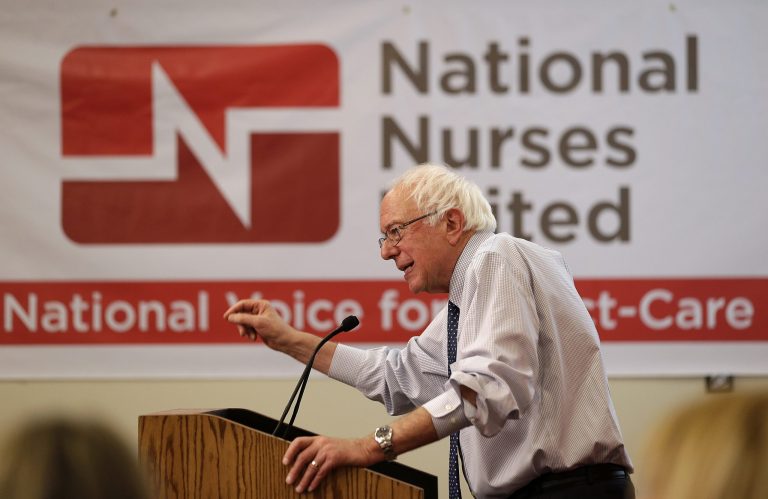 Democratic presidential candidate Sen. Bernie Sanders, I-Vt., gestures while speaking to nurses during a visit to the National Nurses United office, Monday, Aug. 10, 2015, in Oakland, Calif. (AP Photo/Eric Risberg)