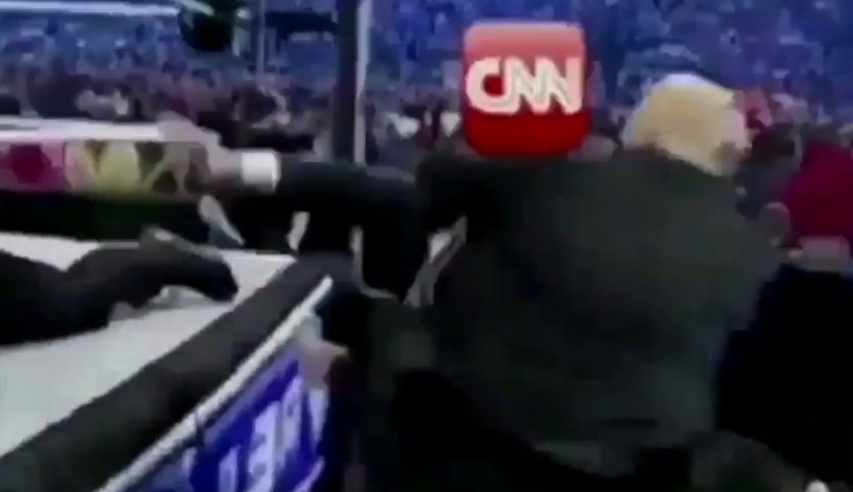 The video is edited to have CNN's logo on Vince McMahon's head. (Image courtesy screenshot)