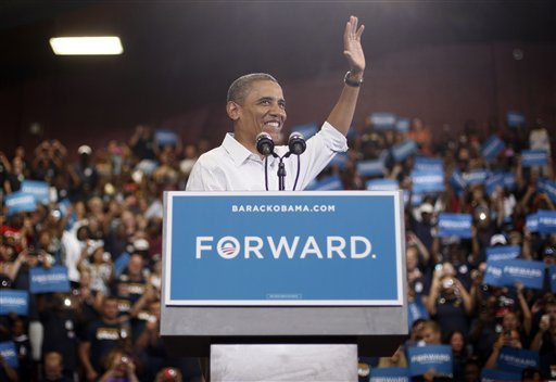 President Barack Obama speaks during a campaign event at Scott High School, Monday, Sept. 3, 2012, in Toledo, Ohio. (AP Photo/Pablo Martinez Monsivais)