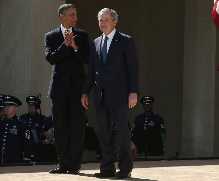 President Obama and former President George W. Bush attend the opening ceremony of the George W. Bush Presidential Center April 25, 2013 in Dallas, Texas. (Getty Images/Alex Wong)