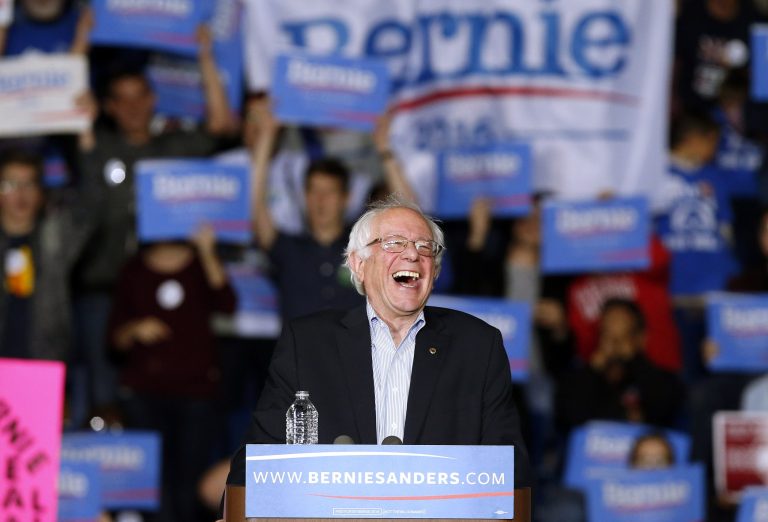 Democratic presidential candidate Sen. Bernie Sanders, I-Vt, speaks during a campaign rally in Springfield, Mass. (AP Photo/Michael Dwyer)