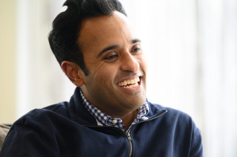 Vivek Ramaswamy sits at his home in Columbus, Ohio, on Feb. 20. 