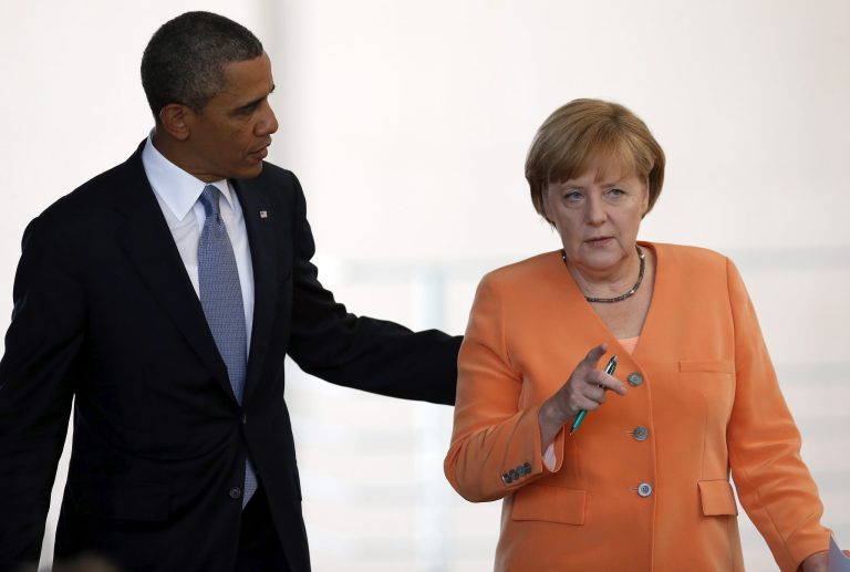 FILE - In this June 19, 2013, file photo, President Barack Obama, left, and German Chancellor Angela Merkel, right, arrive for a news conference at the chancellery in Berlin. Reports based on leaks from former NSA systems analyst Edward Snowden suggest the U.S. has monitored the telephone communications of 35 foreign leaders. The fact that Merkel was among them has been particularly troubling to many in Europe and on Capitol Hill, given her status as a senior stateswoman, the leader of EuropeÃ?s strongest economy, and a key American ally on global economics, Iranian nuclear negotiations and the Afghanistan war. (AP Photo/Michael Sohn, File)