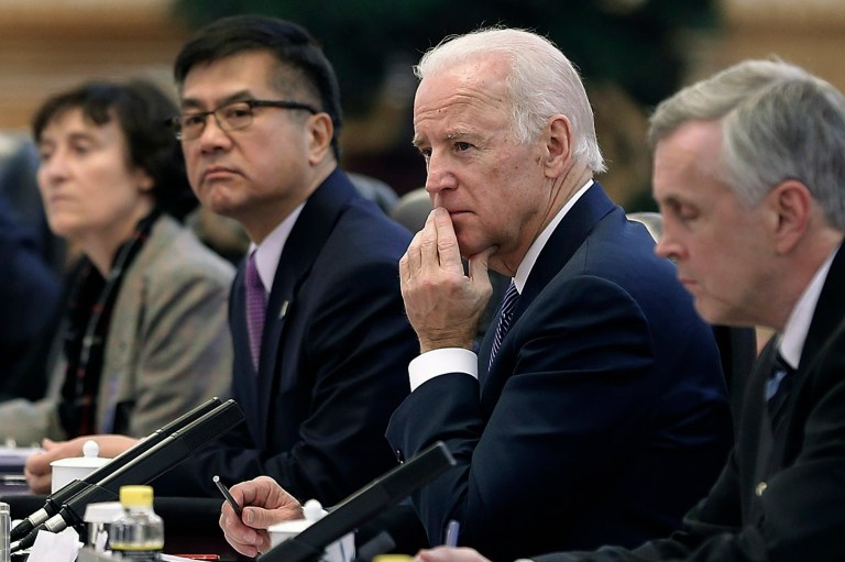 Vice President Joe Biden, center, listens during his meeting with Chinese President Xi Jinping inside the Great Hall of the People on Wednesday in Beijing, China. (AP/Lintao Zhang)