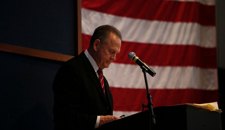 Former Alabama Chief Justice and U.S. Senate candidate Roy Moore debates with Sen. Luther Strange on Thursday, Sept. 21, 2017, in Montgomery, Ala. 