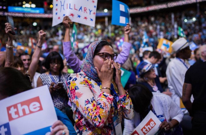 The photo, which included the caption "We made history," featured Nida Allam, a regional director for Bernie Sanders' campaign, crying on the convention floor. (Screenshot via Twitter)